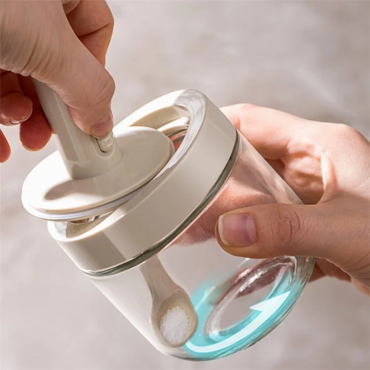 AAB020 Kitchen Glass Seasoning Box Retractable Spoon Spice Jar with Lid Leak Proof Salt Pepper Storage Container (BPA Free, No FDA Certificate) - White