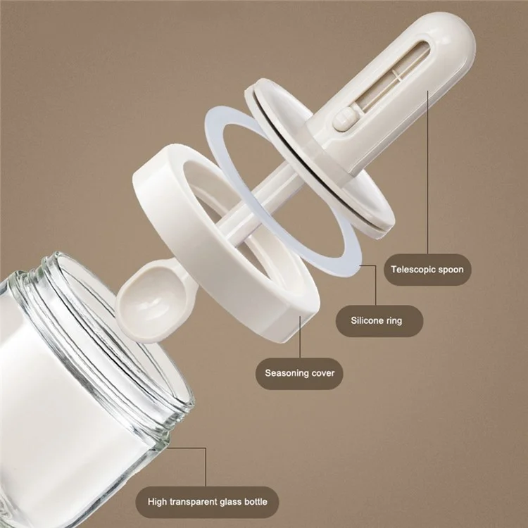 AAB020 Kitchen Glass Seasoning Box Retractable Spoon Spice Jar with Lid Leak Proof Salt Pepper Storage Container (BPA Free, No FDA Certificate) - White
