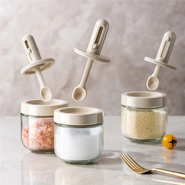 AAB020 Kitchen Glass Seasoning Box Retractable Spoon Spice Jar with Lid Leak Proof Salt Pepper Storage Container (BPA Free, No FDA Certificate) - White