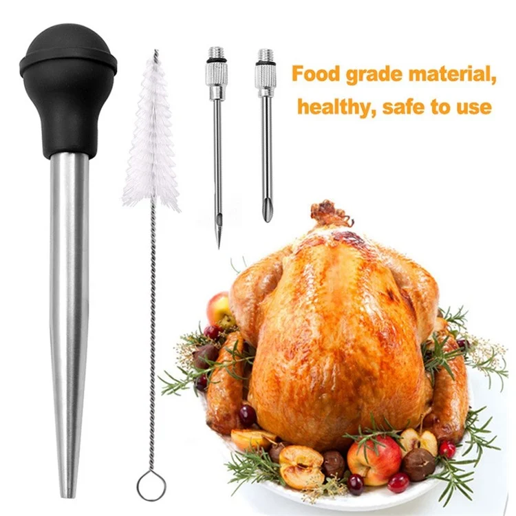 Turquía de Acero Inoxidable de Cocina Baster Para Cocinar, Jeringa de Pavo de Grado Alimenticio Con Bombilla de Succión de Silicona, Cepillo de Limpieza y Agujas (sin Certificado de Fda, Sin Bpa)