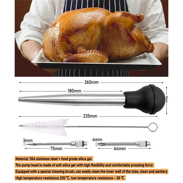 Turquía de Acero Inoxidable de Cocina Baster Para Cocinar, Jeringa de Pavo de Grado Alimenticio Con Bombilla de Succión de Silicona, Cepillo de Limpieza y Agujas (sin Certificado de Fda, Sin Bpa)