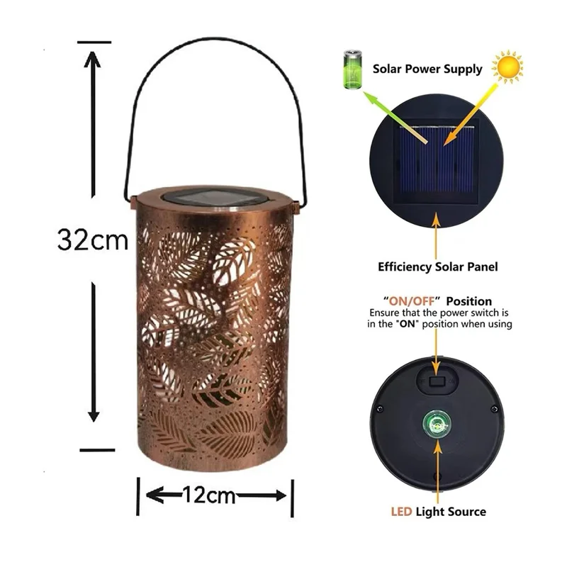 Linterna solar de jardín 3D con follaje dinámico y diseño hueco de metal, luz colgante exterior, tamaño L