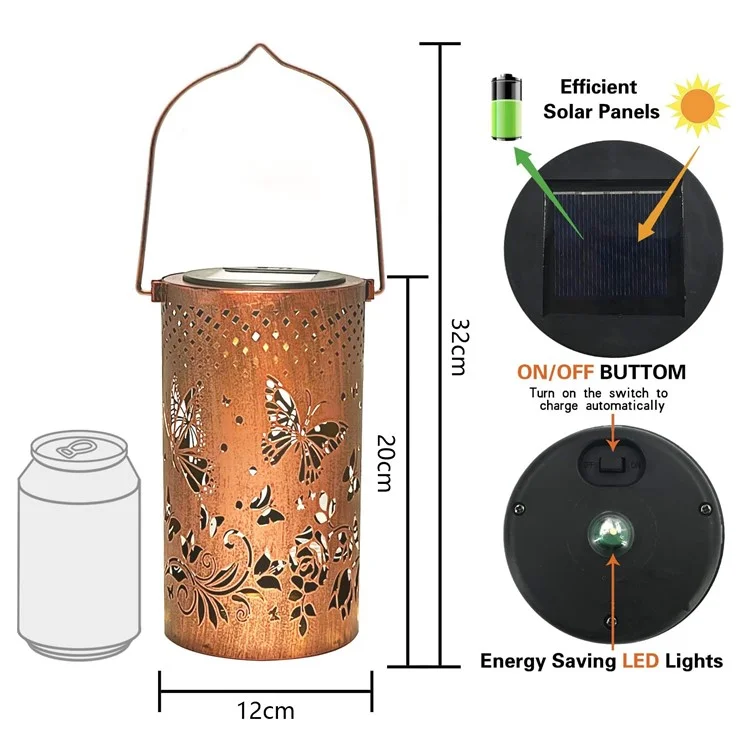 Butterfly Hollow Out Iron Solar Lantern Waterproof Outdoor Hanging Garden Light, Size L