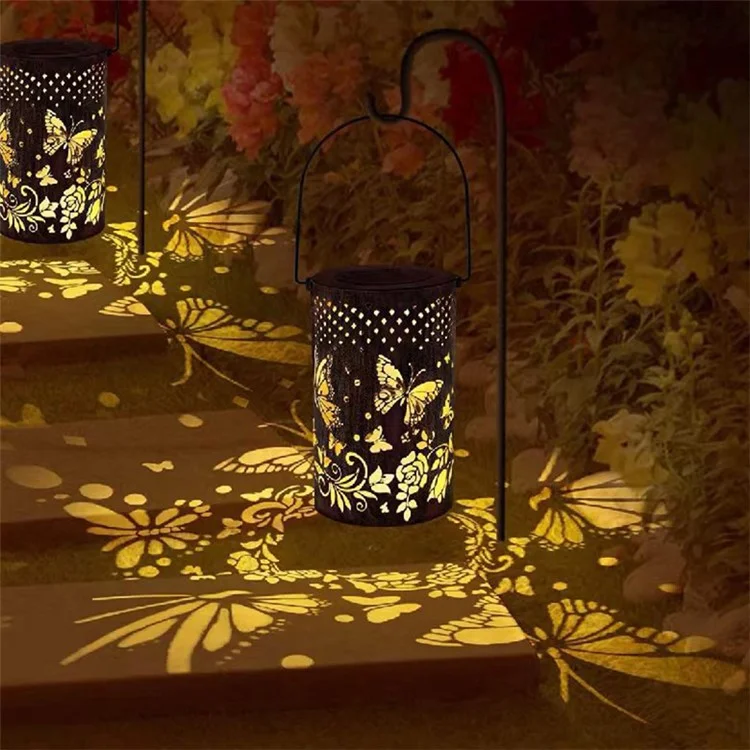 Butterfly Hollow Out Iron Solar Lantern Waterproof Outdoor Hanging Garden Light, Size L