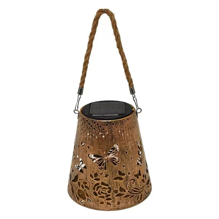 Trapezoidal Garden Solar Lantern Butterfly Hollow Out Iron Art Outdoor Hanging Light