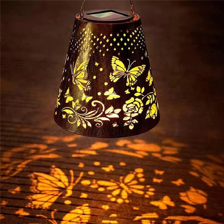 Trapezoidal Garden Solar Lantern Butterfly Hollow Out Iron Art Outdoor Hanging Light