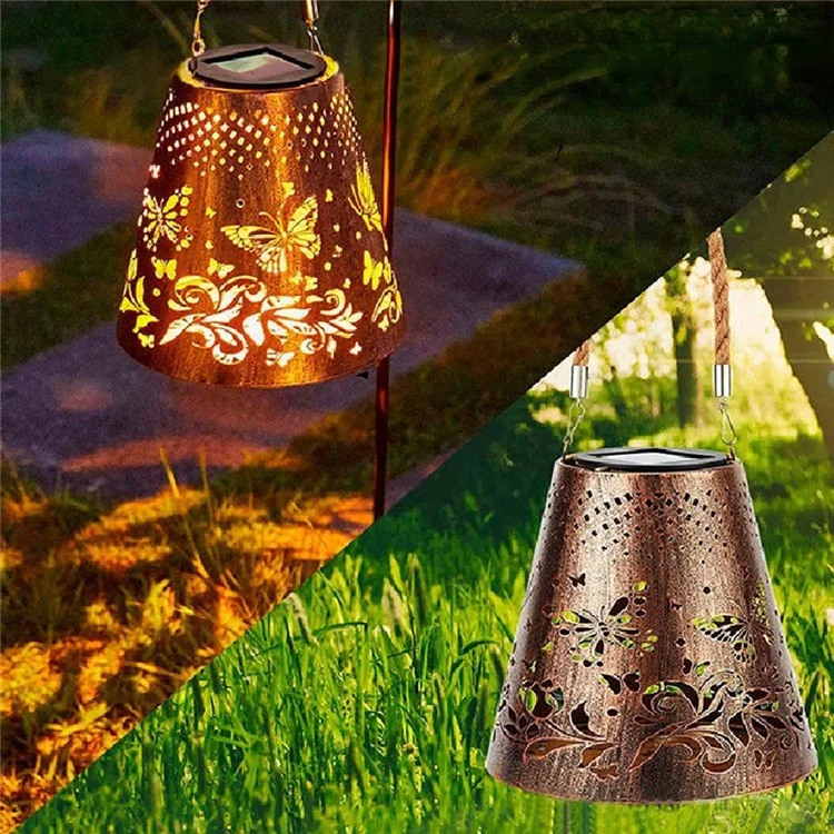 Trapezoidal Garden Solar Lantern Butterfly Hollow Out Iron Art Outdoor Hanging Light