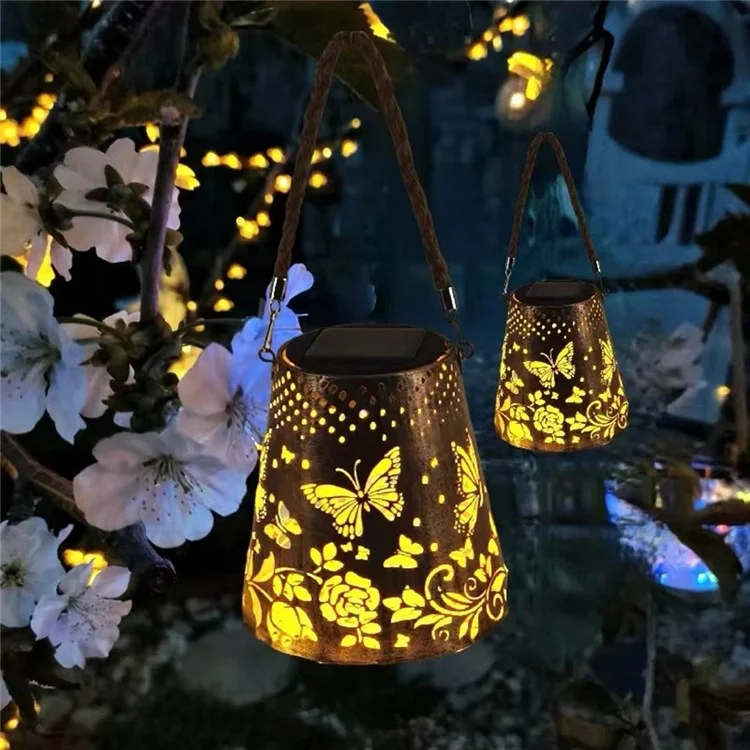 Trapezoidal Garden Solar Lantern Butterfly Hollow Out Iron Art Outdoor Hanging Light