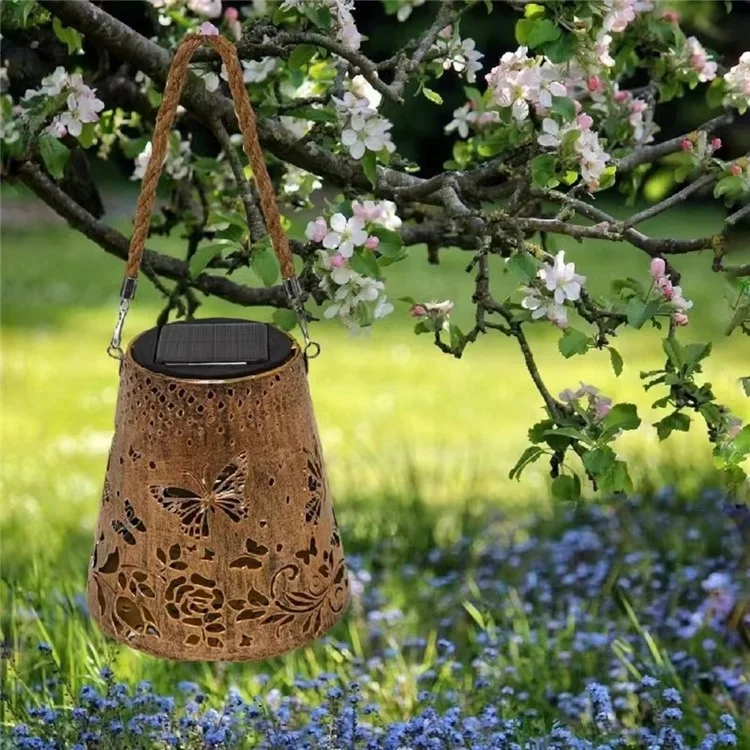 Trapezoidal Garden Solar Lantern Butterfly Hollow Out Iron Art Outdoor Hanging Light