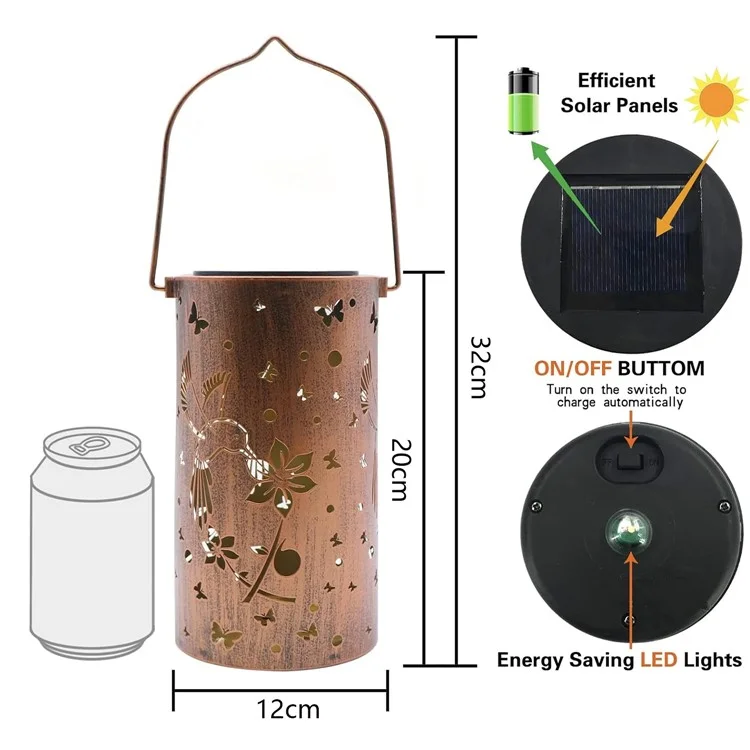 Farol colgante solar decorativo para jardín de metal calado en forma de colibrí, tamaño L