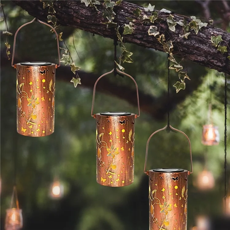 Hummingbird Hollow Out Metal Outdoor Hanging Light Decorative Garden Solar Lantern, Tamanho S