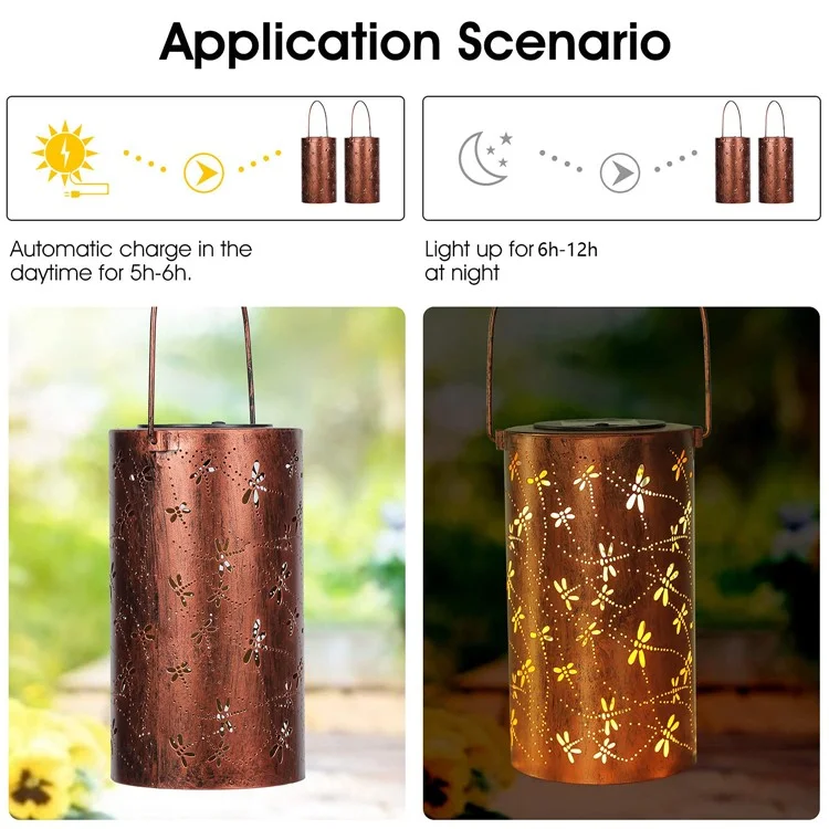 Lámpara colgante solar decorativa de metal calado en forma de libélula para exterior, tamaño L