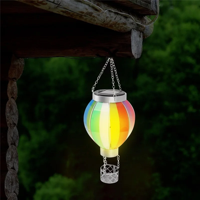 Solar Powered Hanging Lantern Outdoor Garden Hot Air Balloon Shape Patio Decor, Size S - Rainbow