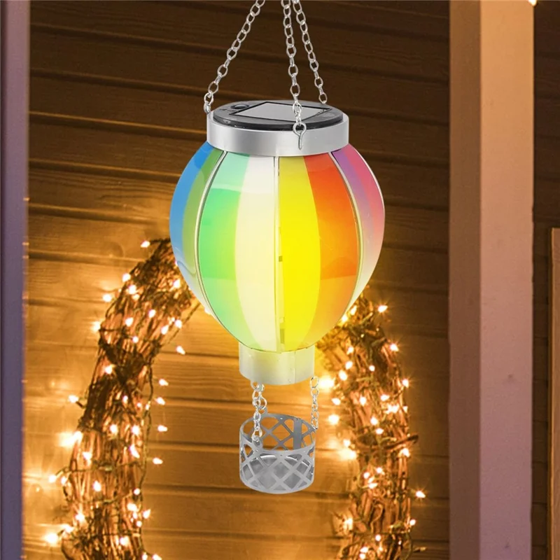 Solar Powered Hanging Lantern Outdoor Garden Hot Air Balloon Shape Patio Decor, Size L - Rainbow