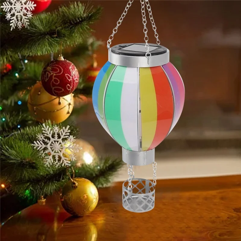 Solar Powered Hanging Lantern Outdoor Garden Hot Air Balloon Shape Patio Decor, Size L - Rainbow