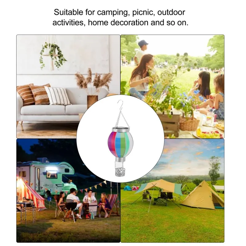 Solar Powered Hanging Lantern Outdoor Garden Hot Air Balloon Shape Patio Decor, Size L - Rainbow