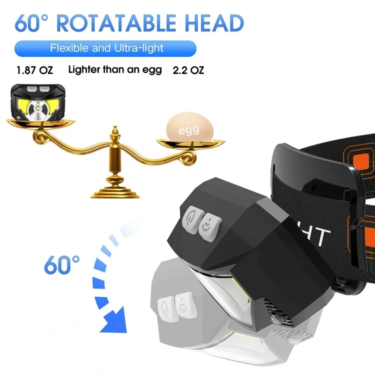 2 Lampes Frontales LED Rechargeables par USB avec Capteur de Mouvement, Étanches, avec Éclairage Rouge de Signalisation pour Pêche Nocturne en Extérieur