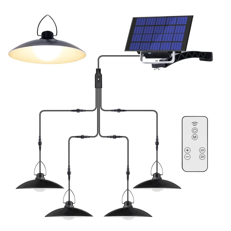 Lampada solare a LED da 140 con 4 teste Lampada da appendere all'aperto Impermeabile Telecomando - Bianco caldo