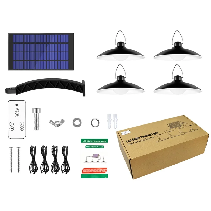 Lampada solare a LED da 140 con 4 teste Lampada da appendere all'aperto Impermeabile Telecomando - Bianco caldo