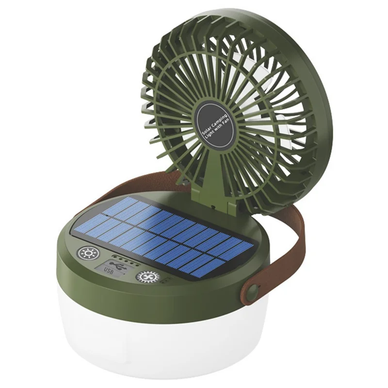 Solar Powered Camping Fan Light 3 in 1 Outdoor LED Lantern 3000mAh Power Bank for Camping - Army Green