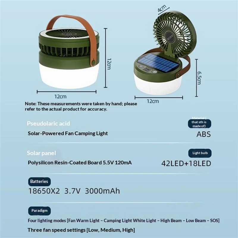 Solar Powered Camping Fan Light 3 in 1 Outdoor LED Lantern 3000mAh Power Bank for Camping - Army Green