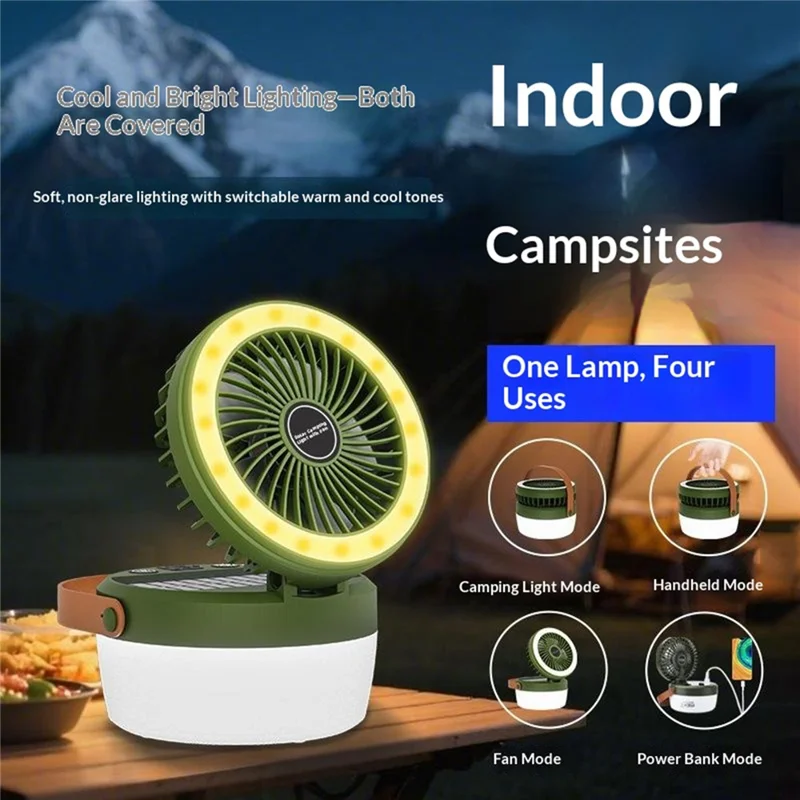 Solar Powered Camping Fan Light 3 in 1 Outdoor LED Lantern 3000mAh Power Bank for Camping - Army Green