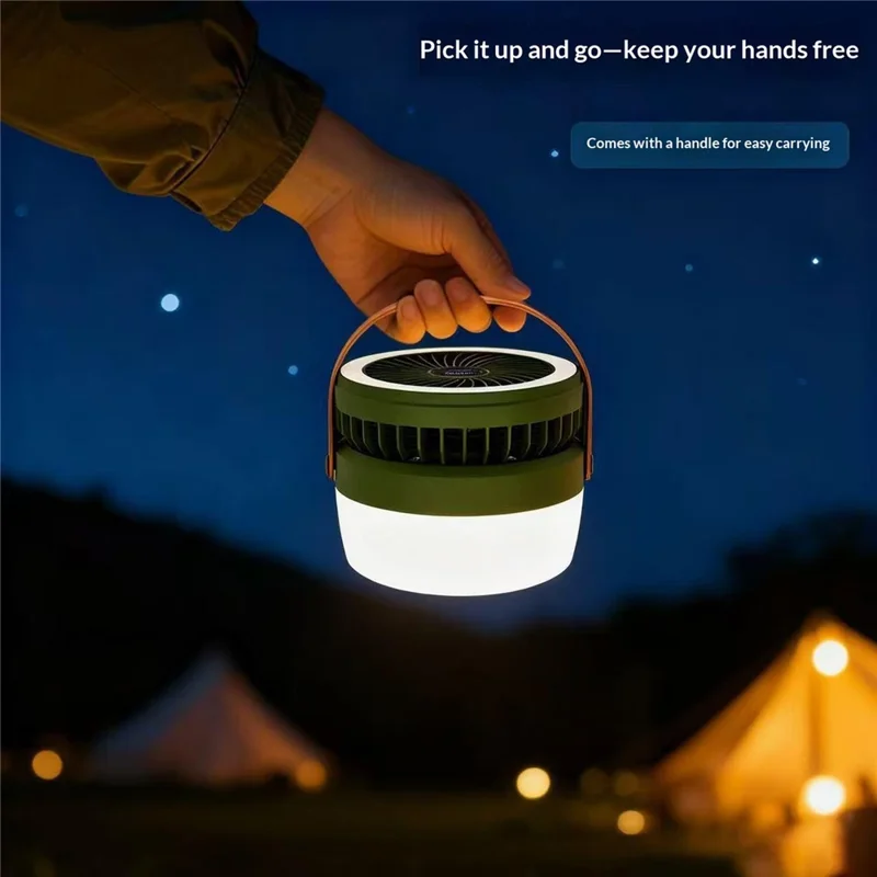 Solar Powered Camping Fan Light 3 in 1 Outdoor LED Lantern 3000mAh Power Bank for Camping - Army Green