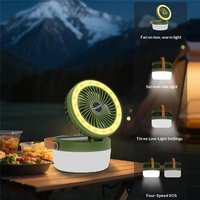 Solar Powered Camping Fan Light 3 in 1 Outdoor LED Lantern 3000mAh Power Bank for Camping - Army Green