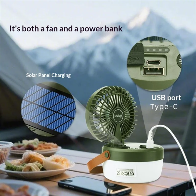 Solar Powered Camping Fan Light 3 in 1 Outdoor LED Lantern 3000mAh Power Bank for Camping - Army Green