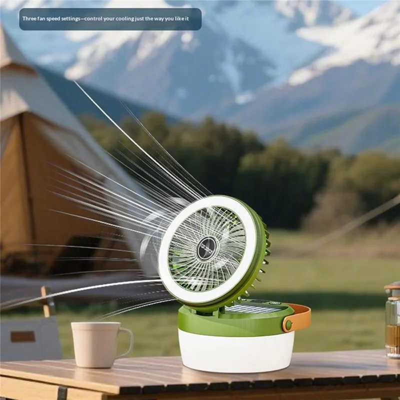 Solar Powered Camping Fan Light 3 in 1 Outdoor LED Lantern 3000mAh Power Bank for Camping - Army Green