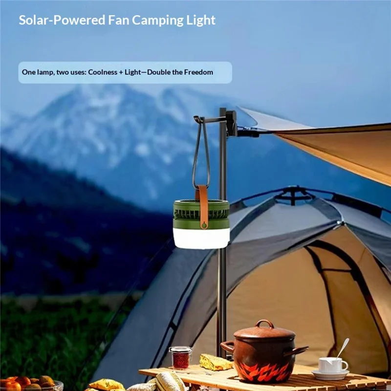 Solar Powered Camping Fan Light 3 in 1 Outdoor LED Lantern 3000mAh Power Bank for Camping - Army Green