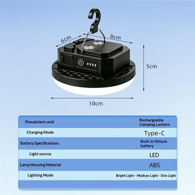Lanterna da Campeggio Magnetica, Ricaricabile via Type-C, Luce LED di Emergenza con Gancio per Esterni - Nero