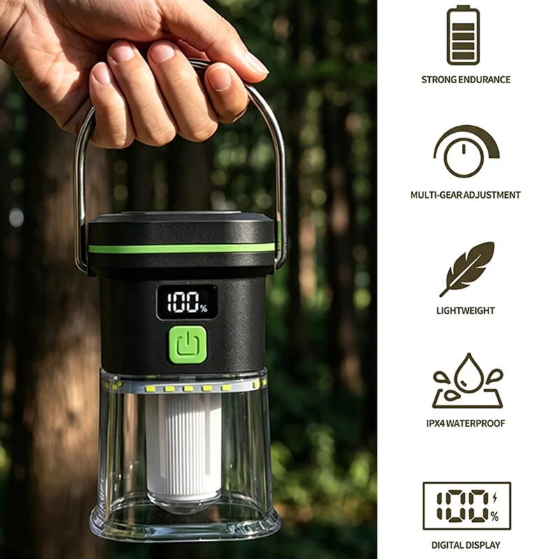 Linterna de Camping LY27, 7 Modos, 1500 mAh, Resistente al Agua IPX4, Recargable por USB-C, Luz LED para Camping al Aire Libre - Negro