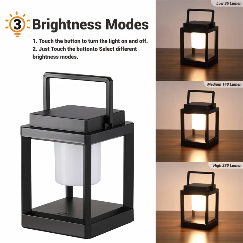 Portable Solar Camping Lantern IP44 Waterproof 3W LED 3-Level Touch Dimming USB Charging for Outdoor - Black