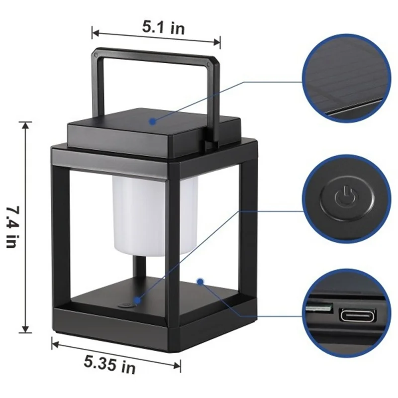 Portable Solar Camping Lantern IP44 Waterproof 3W LED 3-Level Touch Dimming USB Charging for Outdoor - Black