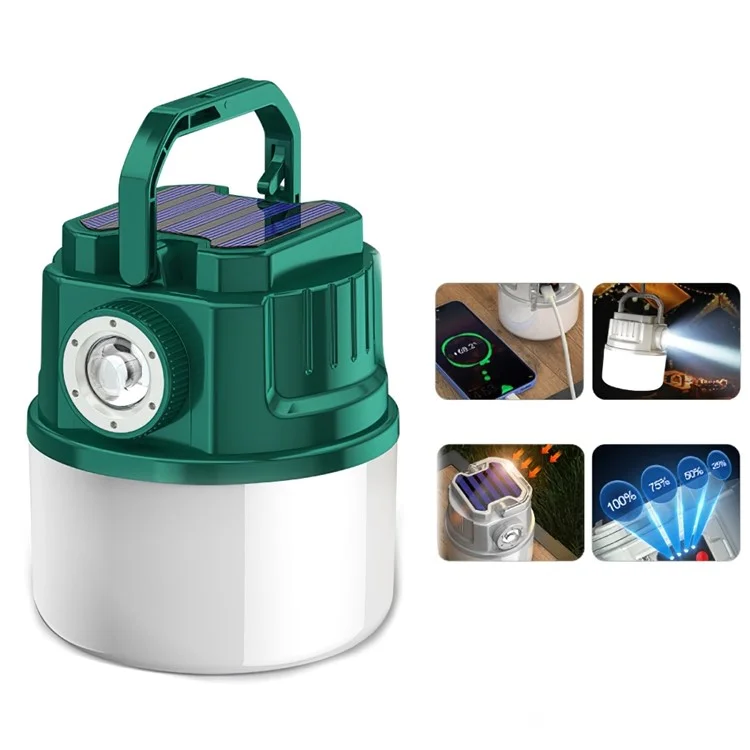 Lampe de Camping Multifonctionnelle C52 à Énergie Solaire, Lampe Zoom IPX6 Étanche avec Sortie USB, Indicateur - Vert