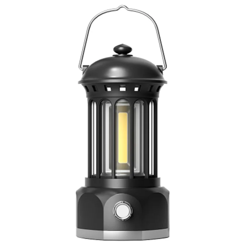Rechargeable COB Camping Light Retro Style Tent Hanging Light Lantern Lamp for Hiking Evening Party, Size: L - Black