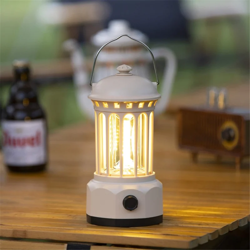 Rechargeable COB Camping Light Retro Style Tent Hanging Light Lantern Lamp for Hiking Evening Party, Size: L - Black