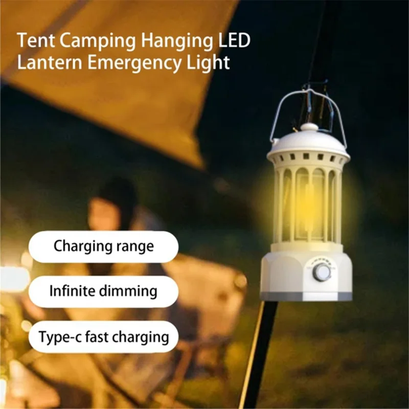 Rechargeable COB Camping Light Retro Style Tent Hanging Light Lantern Lamp for Hiking Evening Party, Size: L - Black