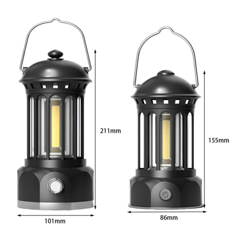Rechargeable COB Camping Light Retro Style Tent Hanging Light Lantern Lamp for Hiking Evening Party, Size: L - Black