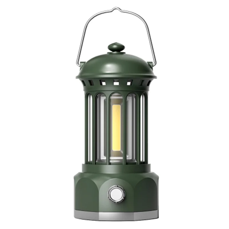 Rechargeable COB Camping Light Retro Style Tent Hanging Light Lantern Lamp for Hiking Evening Party, Size: L - Green