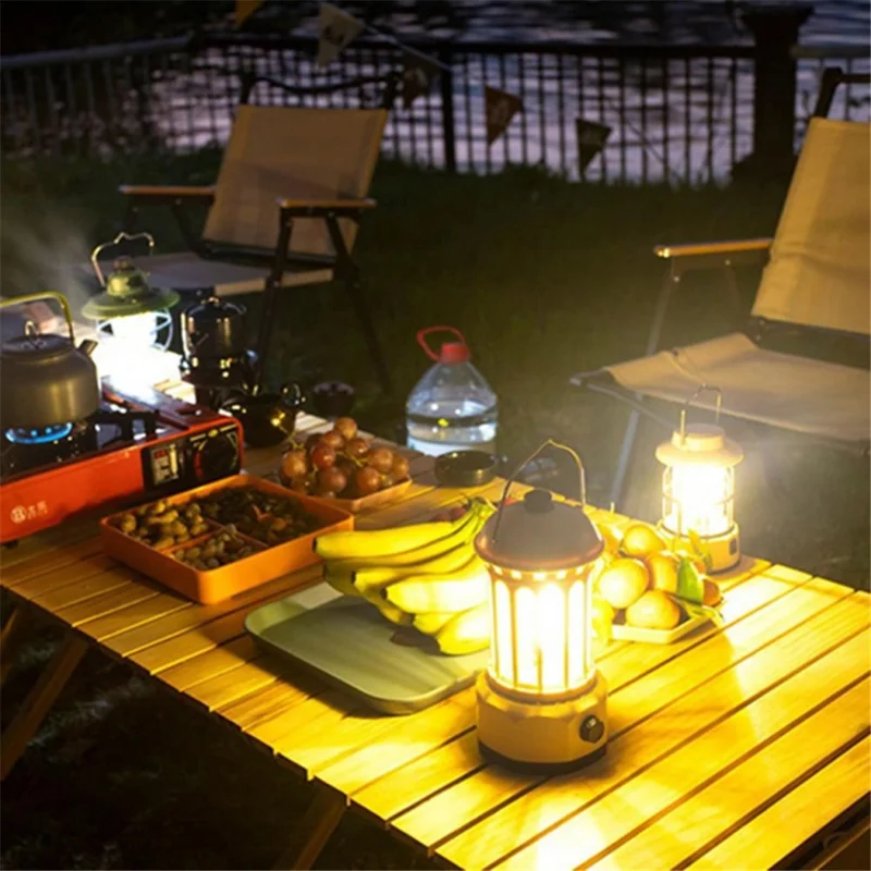 Rechargeable COB Camping Light Retro Style Tent Hanging Light Lantern Lamp for Hiking Evening Party, Size: L - Green