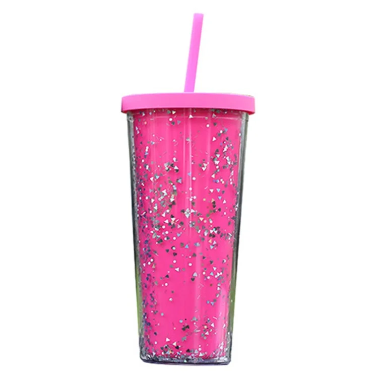 Tasse à boisson froide à double paroi de 710 ml avec décoration de paillettes, couvercle et paille (sans BPA, sans certificat FDA) - Rose