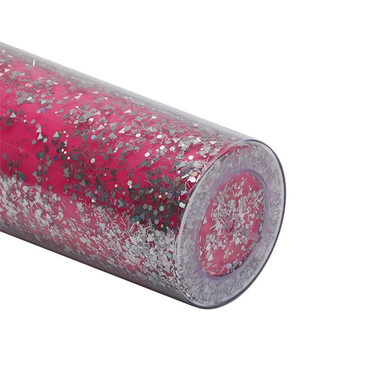 Tasse à boisson froide à double paroi de 710 ml avec décoration de paillettes, couvercle et paille (sans BPA, sans certificat FDA) - Rose