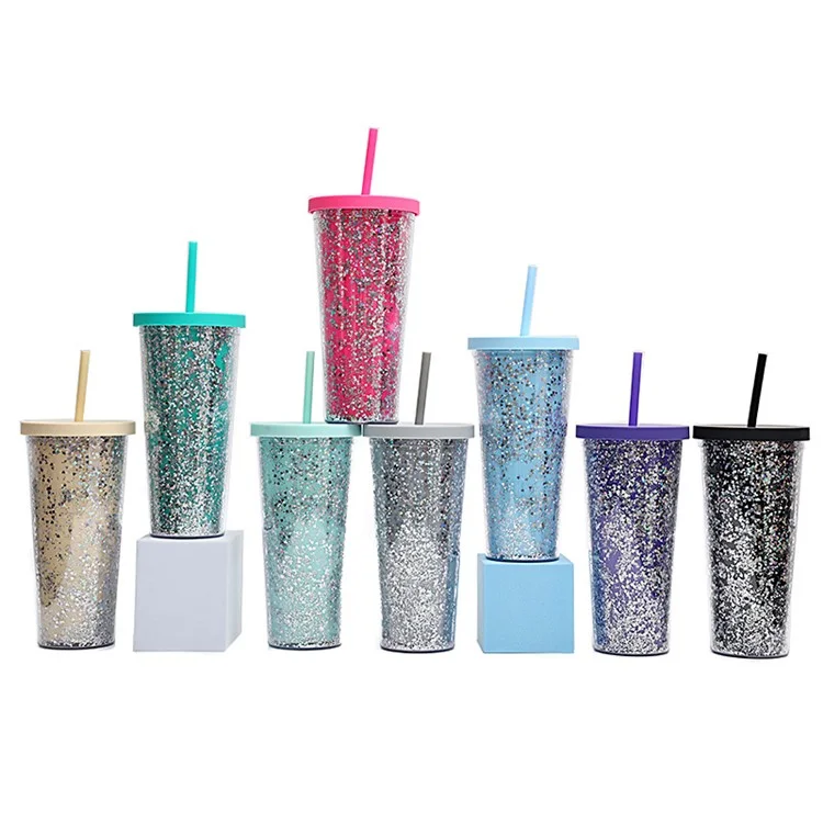 710ml Sequins Decor AS Cold Drink Cup Double Wall Water Cup with Straw and Lid (BPA Free, No FDA Certificate) - Rose