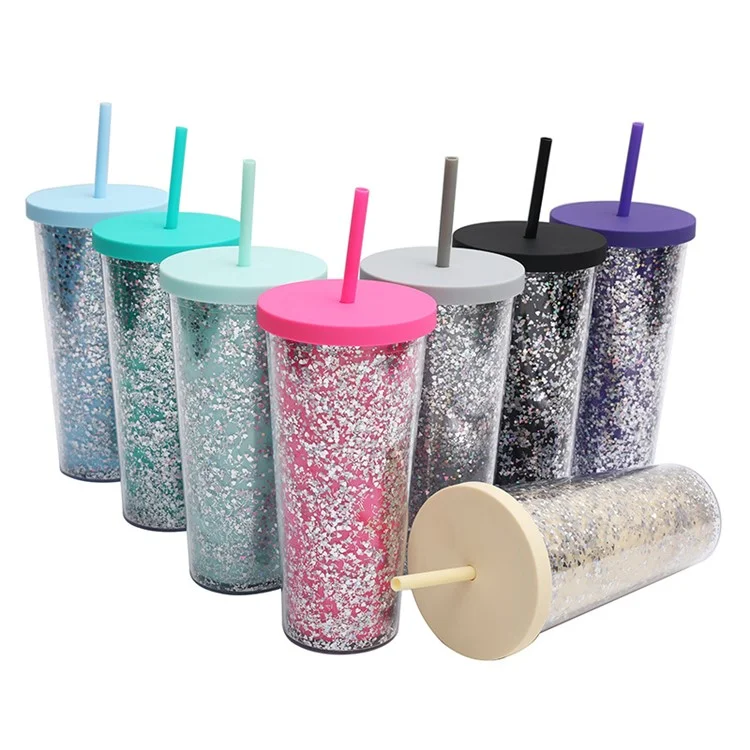 Tasse à boisson froide à double paroi de 710 ml avec décoration de paillettes, couvercle et paille (sans BPA, sans certificat FDA) - Rose
