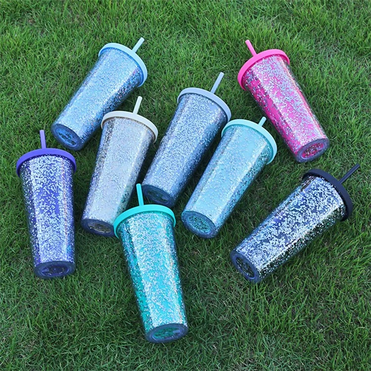 Tasse à boisson froide à double paroi de 710 ml avec décoration de paillettes, couvercle et paille (sans BPA, sans certificat FDA) - Rose