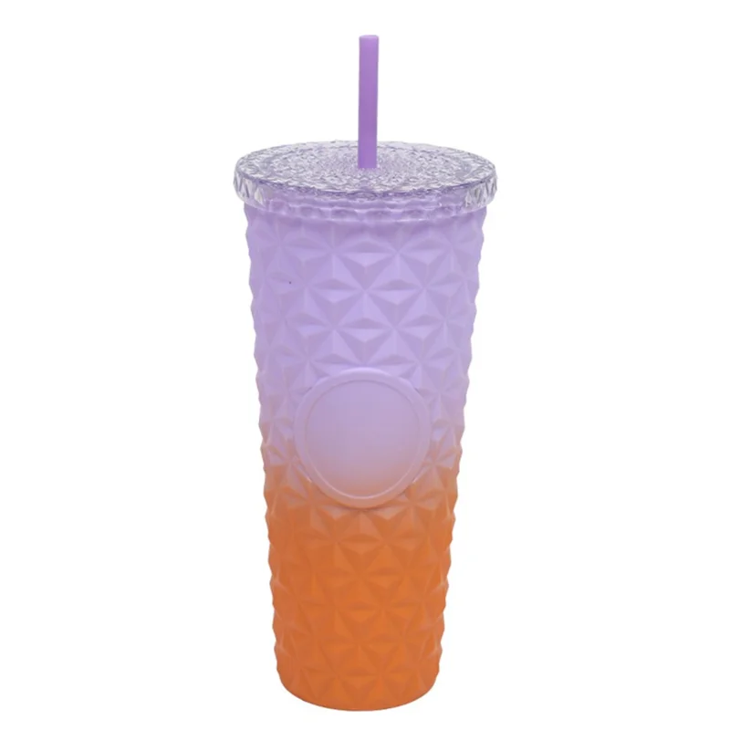 Crystal Texture 710ML Water Bottle Gradient Design Tumbler AS Plastic Drinking Cup with Straw (BPA-Free, No FDA Certified) - Purple+Orange