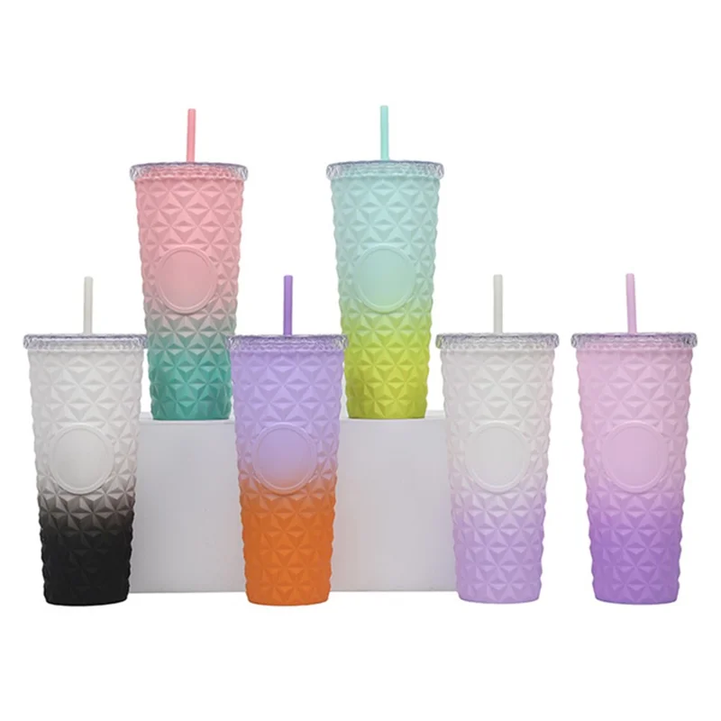 Crystal Texture 710ML Water Bottle Gradient Design Tumbler AS Plastic Drinking Cup with Straw (BPA-Free, No FDA Certified) - Purple+Orange