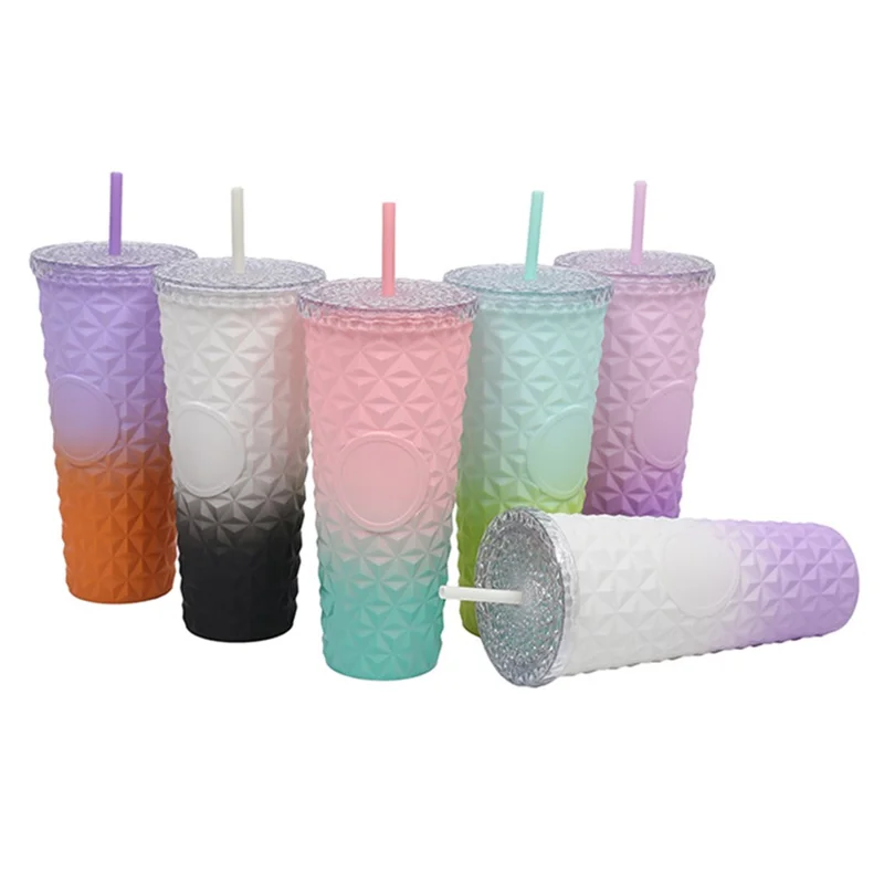 Crystal Texture 710ML Water Bottle Gradient Design Tumbler AS Plastic Drinking Cup with Straw (BPA-Free, No FDA Certified) - Purple+Orange